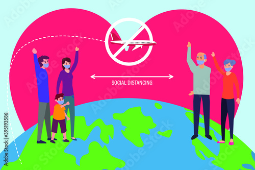 Social distancing vector concept: Grandparents and young family waving each other at a distance with heart symbol