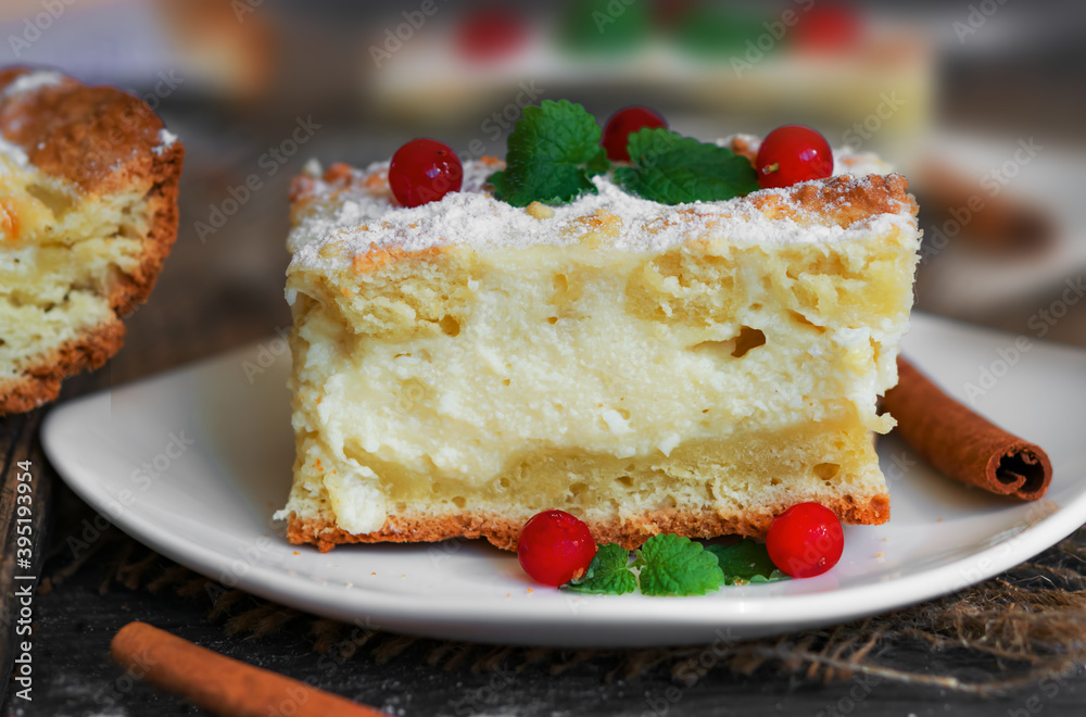 A piece of shortbread pie on sour cream with a creamy curd layer.The cake is decorated with ripe red cranberries A piece of shortbread pie on sour cream with a creamy curd layer.The cake is decorated with ripe red cranberries