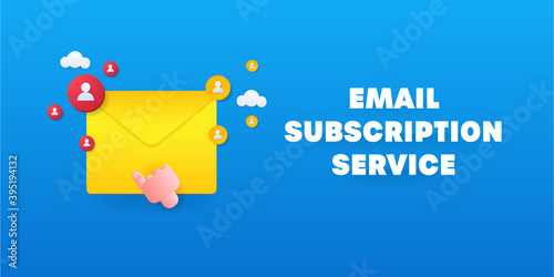Email subscription service, email marketing, newsletter subscribe, subscription letter message, internet communication. 3d style illustration banner.