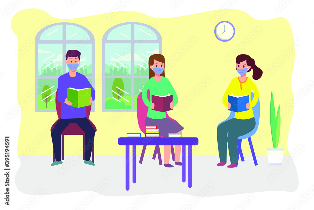 New normal vector concept: University students reading book together while wearing face mask in new normal New normal vector concept: University students reading book together while wearing face mask in new normal