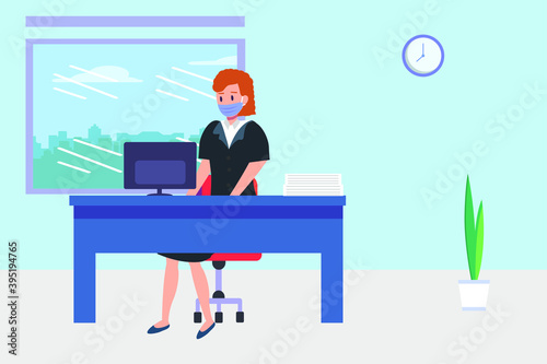Social distancing vector concept: Young businesswoman working with computer and using face mask