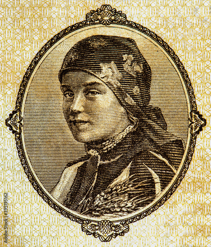 Hungarian woman wearing headscarf. Portrait from Hungary 1000 Million Pengo Banknotes. photo