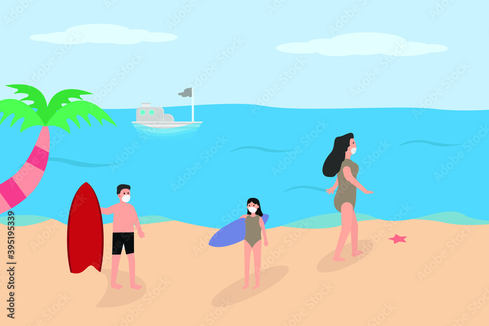 New Normal vector concept: Teenage wearing face mask and holding surfboard on the beach during new normal life after coronavirus pandemic