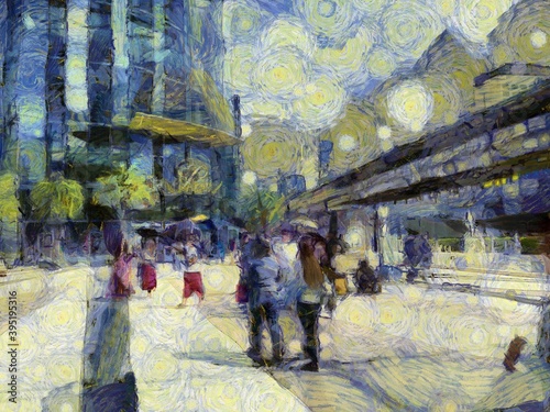 Landscape of the streets of Bangkok Illustrations creates an impressionist style of painting. © Kittipong