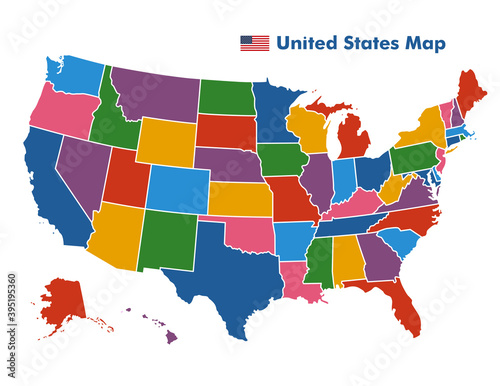 アメリカ合衆国州境界線付きカラフル地図