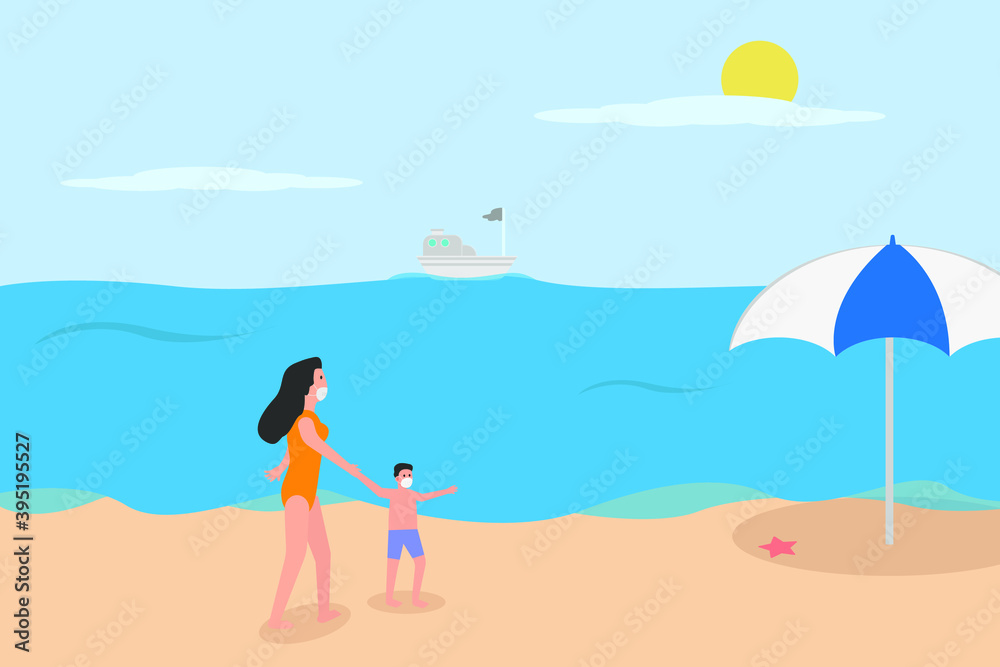 New Normal vector concept: Little boy and his mother walking on the beach while wearing face mask and swimwear during new normal after coronavirus outbreak