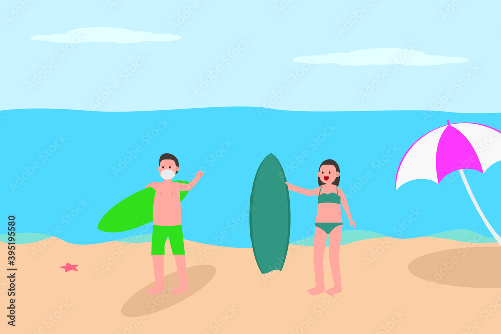 New Normal vector concept: Young couple wearing face mask while holding surfboard and wearing swimwear on beach during new normal life after coronavirus pandemic