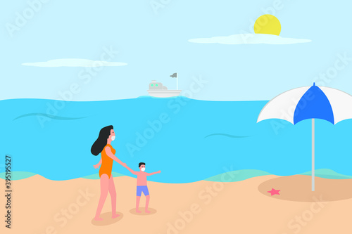 New Normal vector concept: Little boy and his mother walking on the beach while wearing face mask and swimwear during new normal after coronavirus outbreak