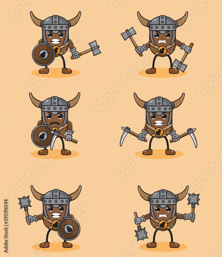 Illustration vector graphic cartoon character Kiwi fruit warrior viking with hammer, mace, sickle and wooden shield set.