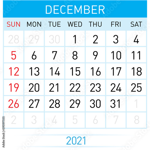 December Planner Calendar 2021. Illustration of Calendar in Simple and Clean Table Style for Template Design on White Background. Week Starts on Sunday