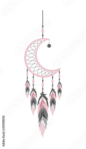 Dream catcher with moon and feathers. Hand drawn indian talisman. Ethnic bohemian design element. Vector hipster illustration isolated on white background. Flat boho style.