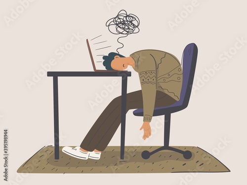 Young depressed male, man asleep on the laptop, a tangled thread above their head, men using laptops. Studying, browsing internet, social media, blogging. hand drawn vector illustrations.