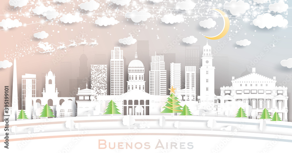 Buenos Aires Argentina City Skyline in Paper Cut Style with Snowflakes, Moon and Neon Garland.