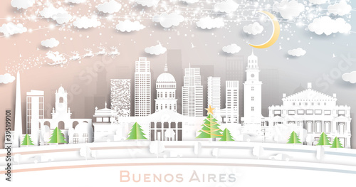 Buenos Aires Argentina City Skyline in Paper Cut Style with Snowflakes, Moon and Neon Garland.