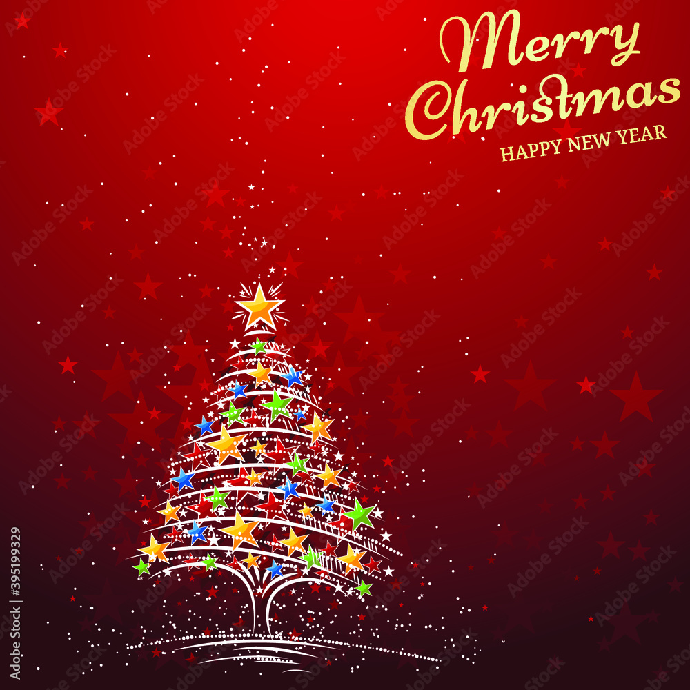 Christmas background for greeting card or invitation. Decorated red Cristmas tree on the dark backdrop. Vector illustration.