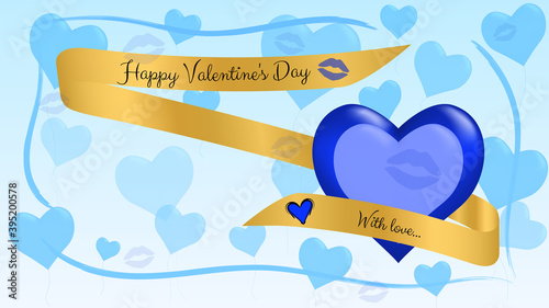 Greeting card for Valentine's Day in blue. A gold ribbon with the inscription is wrapped around a heart. A lot of balloons in the shape of hearts. Copy space. Vector illustration.