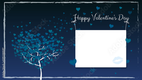 Greeting card for Valentine's Day with a frame. A tree with balloons in the shape of hearts instead of leaves. Dark blue color. Copy space hanging on the ropes. Vector illustration.
