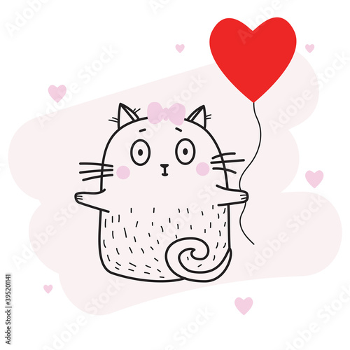 Cute funny cat girl with a red heart-shaped balloon on a pink background. Vector illustration, outline, black line. For design, decoration, valentine
