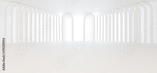 Luxury white abstract architectural minimalistic background. Contemporary showroom. Modern  exhibition stand. Empty gallery. Backlight. Polygonal Graphic Design. 3D illustration and rendering.