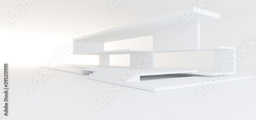 Luxury white abstract architectural minimalistic background. Contemporary showroom. Modern exhibition stand. Empty gallery. Backlight. Polygonal Graphic Design. 3D illustration and rendering.