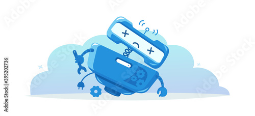 Broken robot. Page not found error 404. Breaking mistake. Repairs service. Cartoon vector flat. Character mascot. Support does not work.