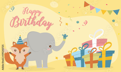 Happy birthday card with cute animals soft color  Collection of cute animal in holiday. Elephant  Fox. Template for greeting card and post. Decorate with balloon and giftbox. Vector illustration.