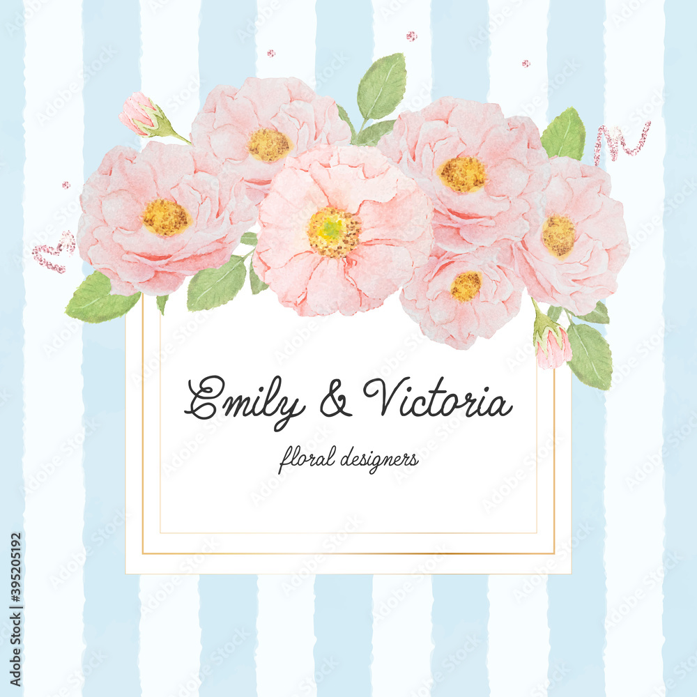 watercolor pink rose bouquet on gold square frame on blue strip background for banner or logo