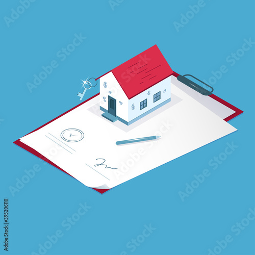 The concept of transaction, selling property, signing of the contract. Stock vector graphics.
