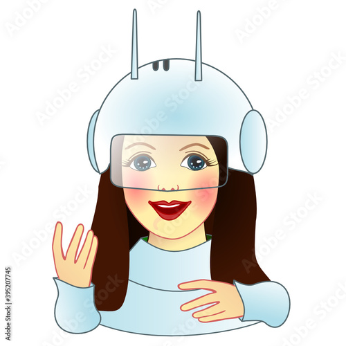 girl in a robot suit, wearing a helmet with antennas, color emoticon on a white isolated background