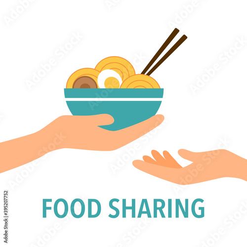 Food sharing concept vector illustration on white background. Hand giving bowl of noodles to people. Time for sharing.