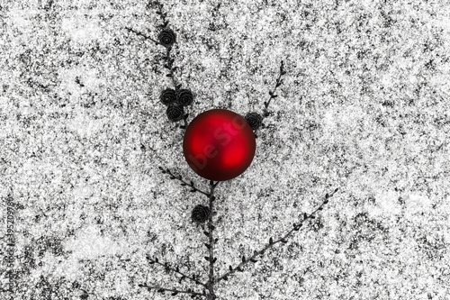 Black red white Christmas background. Red ball and larch twig with cones on a frost, snow. Top view, flat lay, copy space.
