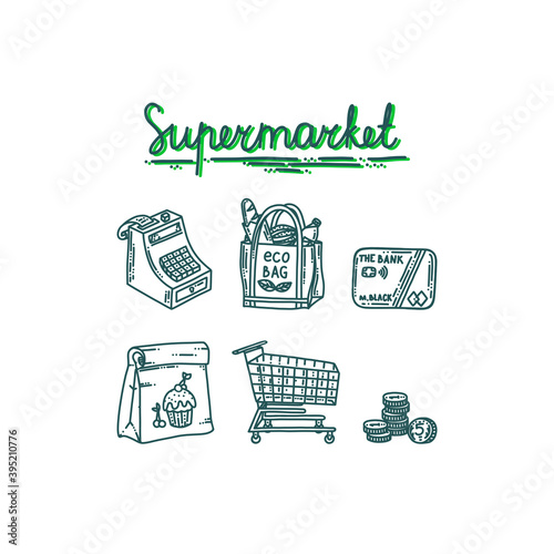 Supermarket symbols with register, trolley, eco bag and credit card. Icons of shopping and supermarket essentials. Doodle vector illustration