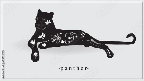 Vector illustration of a black panther with white plants and flowers on the body. EPS 10.