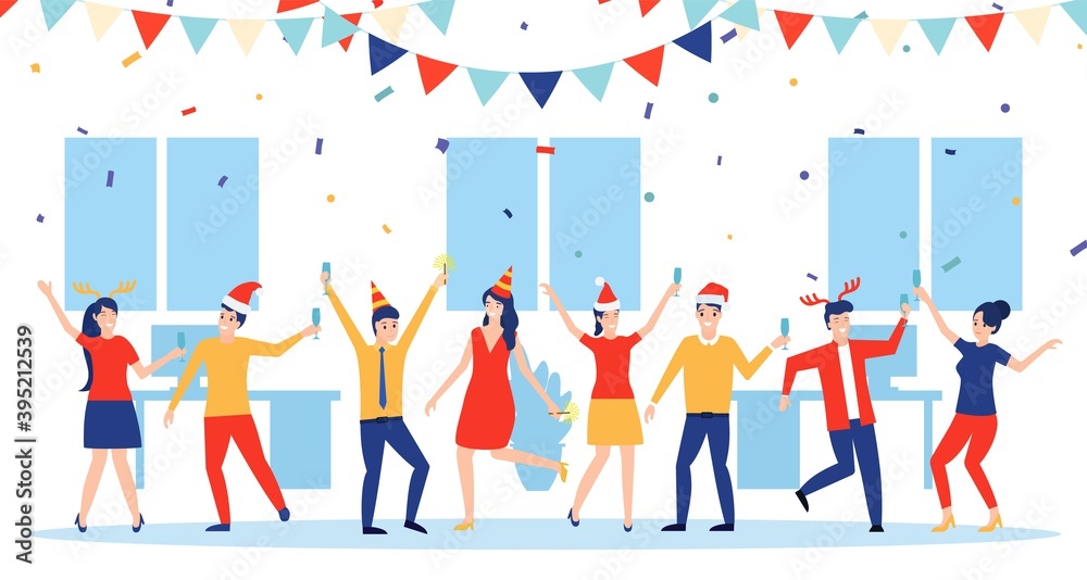 New year party in office. Business team celebrate. Vector illustration in flat style