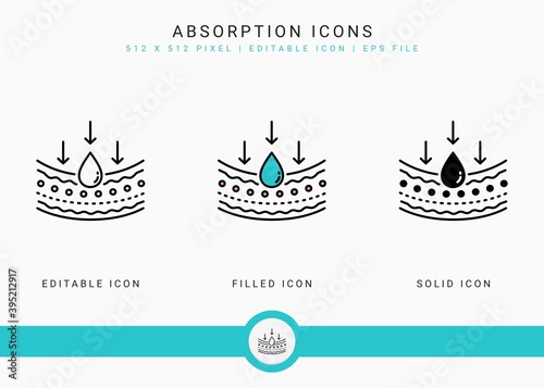 Absorption icons set vector illustration with solid icon line style. Drop water emulsion concept. Editable stroke icon on isolated background for web design, infographic and UI mobile app.