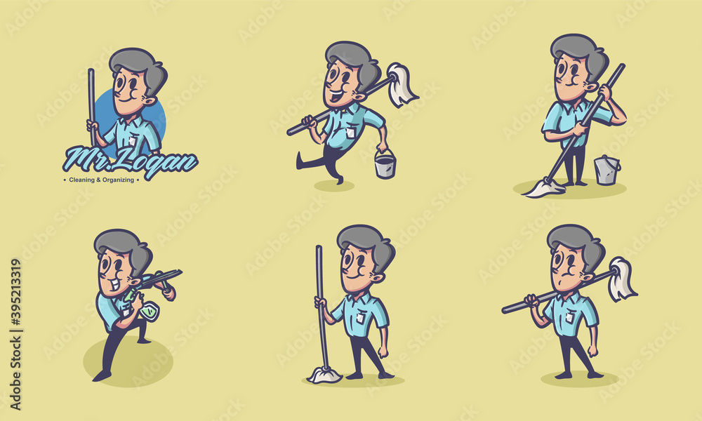 Naklejka premium vintage cleaning service in retro cartoon characters