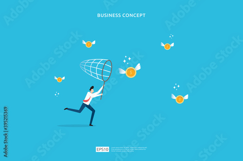investment concept of catching opportunity with businessman character attraction collect money coin. Flat cartoon design. business startup invest growth metaphor vector illustration