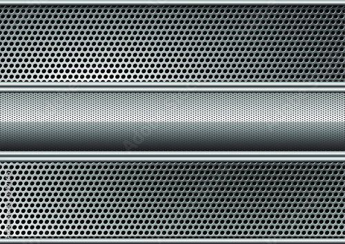 Background of silver perforated metallic surface with holes and horizontal silver polished plate with a metal texture. Metallic background with space for text. Vector illustration