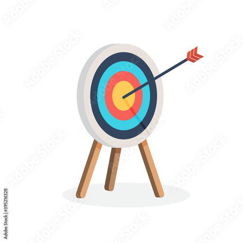 Target with arrow, standing on a tripod. Goal achieve concept. Vector illustration isolated on white background