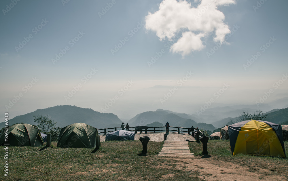camp under a pine forest at Mon Son view point Doi Pha Hom Pok National Park, Doi Ang Khang, a natural landmark and popular natural attractions in Thailand.
