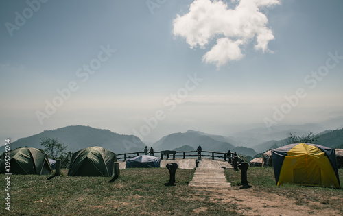 camp under a pine forest at Mon Son view point Doi Pha Hom Pok National Park  Doi Ang Khang  a natural landmark and popular natural attractions in Thailand.