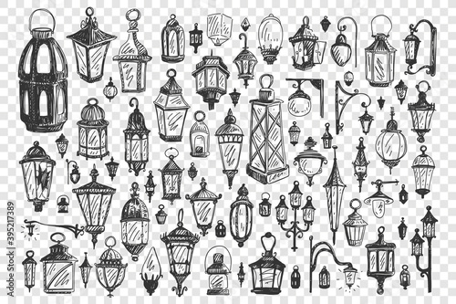 Street lamps doodle set. Collection of urban flashlights lighting tools decorative design elements with electric light bulbs isolated on transparent background. Various antique lanterns illustration.