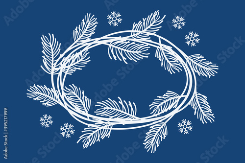 Beautiful winter frame with hand drawn pine wreath and snow. Vector holiday illustration. Christmas oval border, template for design greeting card, poster, banner, flyer, season party invite, sale ads