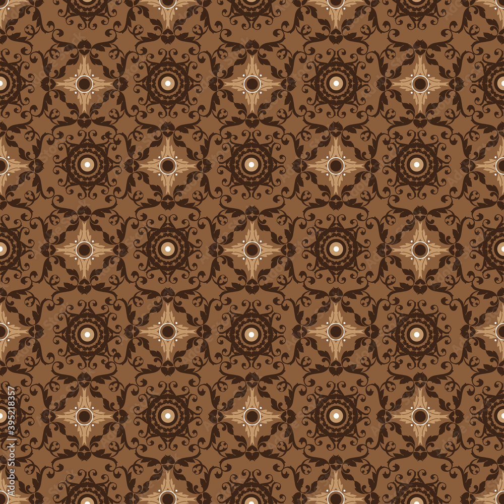 Cute flower motifs design on Kawung batik with smooth brown color concept.