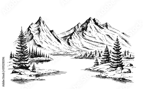 Murais de parede Hand drawn vector nature illustration with mountains and forest on first view