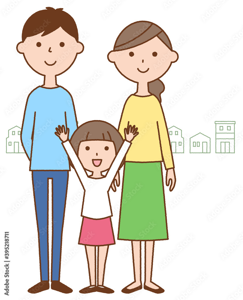 仲良しファミリー　二世代家族と街並み