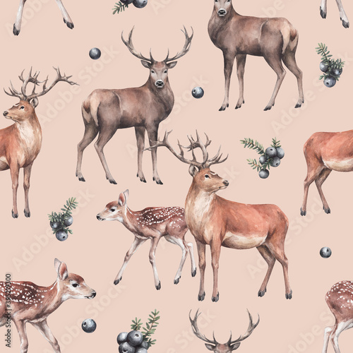 animal sketch pattern with deers and dark forest berries forest inhabitant winter and New Year theme watercolor drawing on a beige background