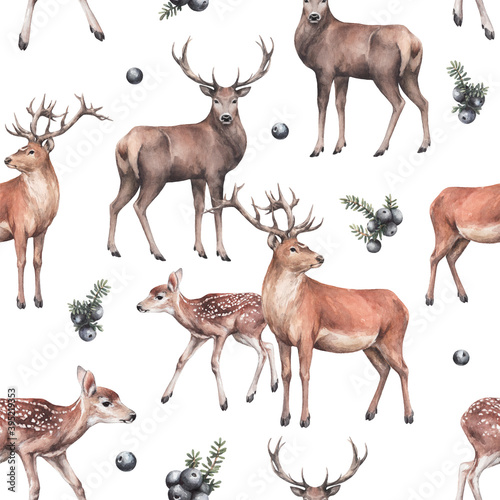 animal sketch pattern with deers and dark forest berries forest inhabitant winter and New Year theme watercolor drawing on white background