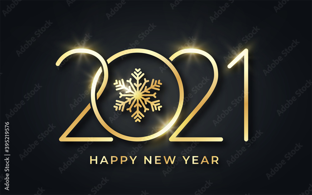 Happy New Year 2021. Happy New Year background. Golden text with snowflake and stylized 2021 number. Luxury golden text for greeting card, banner and postcard Happy New Year 2021. Happy New Year background. Golden text with snowflake and stylized 2021 number. Luxury golden text for greeting card, banner and postcard
