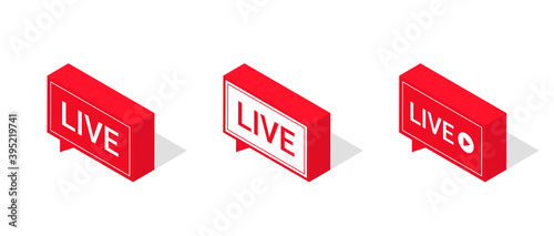 Set of live streaming icons, isometric style. Red symbols and buttons of live streaming, broadcasting, online stream. Lower third template for tv, shows, movies and live performances